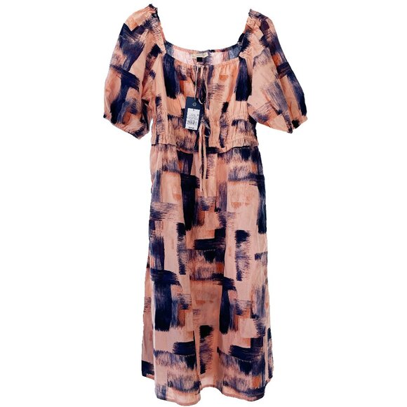 Universal Thread Small Navy Blue Pink Peach Dress Cotton Pockets Puff Sleeves - Picture 3 of 13